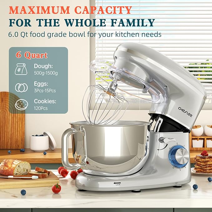 CHeflee Stand Mixer,660W 6+P With 6.5QT Stainless Steel Bowl,Dough Hook, Wire Whip & Beater,for Most Home Cooks (Silver)