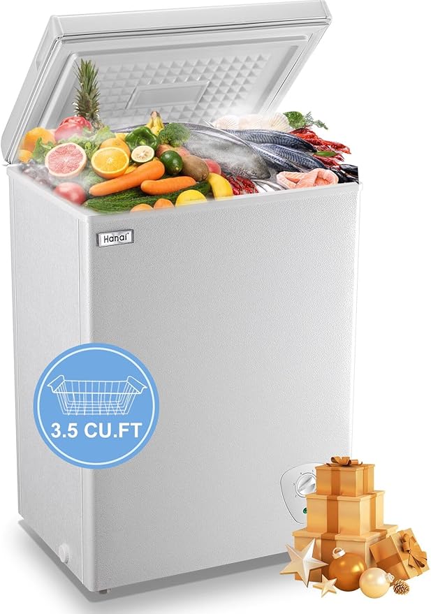 WANAI Chest Freezer 3.5 Cubic Feet Mini Small Deep Freezers with Adjustable Thermostat Top Open Door Freezer Compressor Cooling with Rmovable Storage Basket for Home, Kitchen Office Apartment, Black