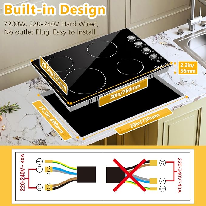 30 Inch Electric Cooktop, 4 Burner Electric Stove Top with 9 Power Levels, Knob Control, Auto shutdown and Residual Heat Warning, 7200W, 220-240V for Hard Wire