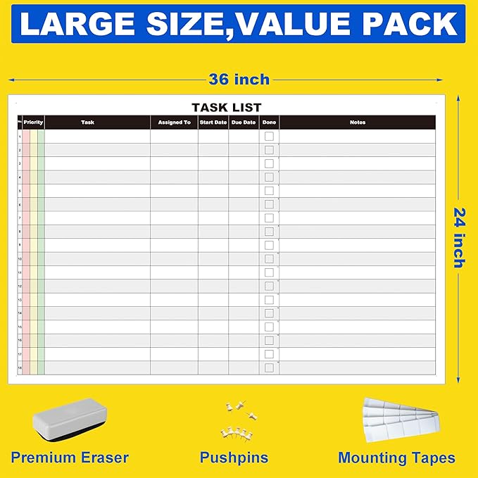 Large Dry Erase Task List Chart,24x36 Inch Erasable Task Wall Planner,Lightweight Task White Board Employee Assignment Tracker Poster for Office