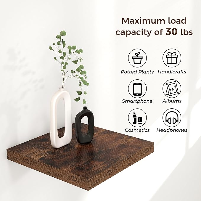Square Floating Shelves for Wall 12"W x 12"D x 1.2"H, Engineered Wood Wall Shelves with Invisible Brackets for Living Room Bedroom Bathroom Office Kitchen Storage Decor, Rustic Brown Finish, Set of 3