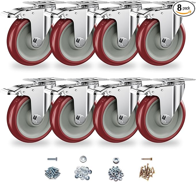 Casters Set of 8 Heavy Duty - Caster Wheels 5 Inch, CLOATFET Locking Castors, Swivel Casters with Brake (Top Plate), Double Ball Bearing Non Marking Castor Wheels for Cart Furniture Workbench