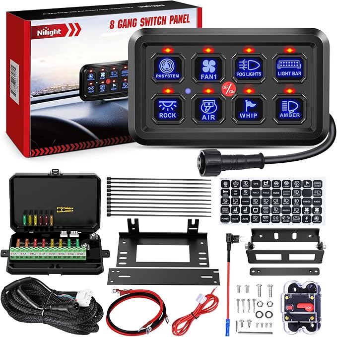 Nilight 8 Gang Switch Panel System Circuit Control Relay System Fuse Wiring Harness Automatic Dimmable ON Off LED Switch Pod for 12V Cars Trucks Campers SUV, 2 Years Warranty,Blue