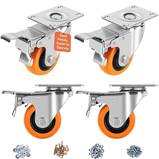 Caster Wheels - 3" Casters Set of 4 Heavy Duty, Update Dual Locking Casters with ON/Off Tabs (Easier to Operate), Swivel Plate Casters, Non-Marking Castor Wheels for Furniture and Workbench