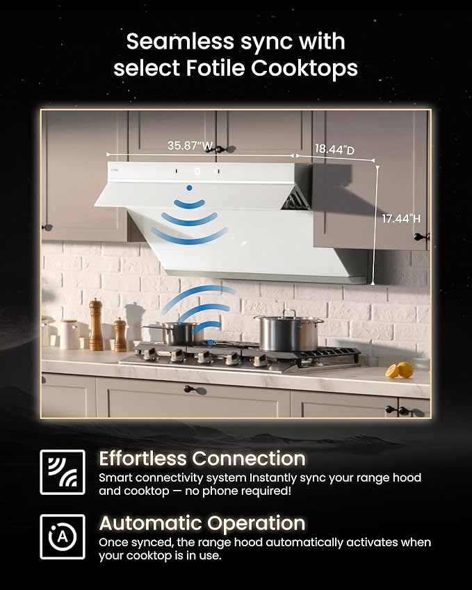 FOTILE JQG9007-W 36" Under Cabinet or Wall Mount Kitchen Range Hood 1100 CFM 4 Speed Level with LED Lights, Fingerprint Resistance and Motion Control