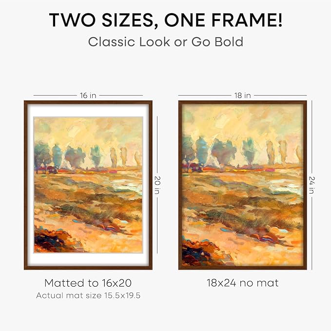 Homeforia 18x24 Walnut Poster Frame, High End Dark Oak 18x24 Brown Wooden Picture Frames with Mat 16x20, 18 x 24 Wood Frame Matted to 16 by 20, 24x18 Hanging Frames, Tempered Glass, Wall Kit, Set of 4