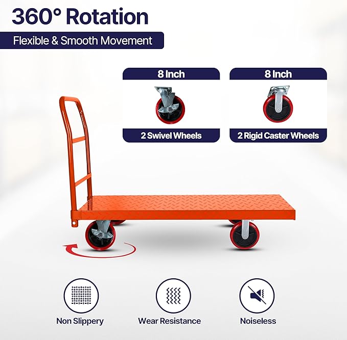 Platform Cart Industrial Dolly Cart 3300LB Heavy Duty 60” x 30” Platform Hand Truck Push Cart Super Heavy Duty Diamond Plate Commercial Flatbed Cart 8'' Moving Swivel Wheels (Orange)