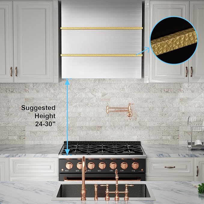Akicon Range Hood 36 Inch, Stainless Steel Ducted Kitchen Hood with Powerful Motor, Wall Mount Modern Box, 36W X 30H X 14D Inch, AK-HS36HA-BSG (Brushed Stainless with Gold)