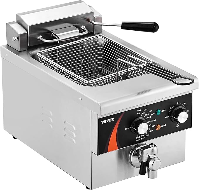 VEVOR Commercial Deep Fryer, 9Qt /8.5 L Single Oil Fryer, 1mm Thickened Stainless Steel, 1750W Electric Countertop Fryer with Basket, Time & Temp Control, for Kitchen Restaurant Use, Silver