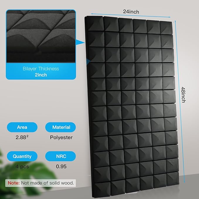 4 PCS Acoustic Panels,48''X24''X2'' Sound Proof Foam Panels for Walls,High Density Fire Resistant & Noise Absorbing for Studio, Office, Home (Black, 4 Pack)