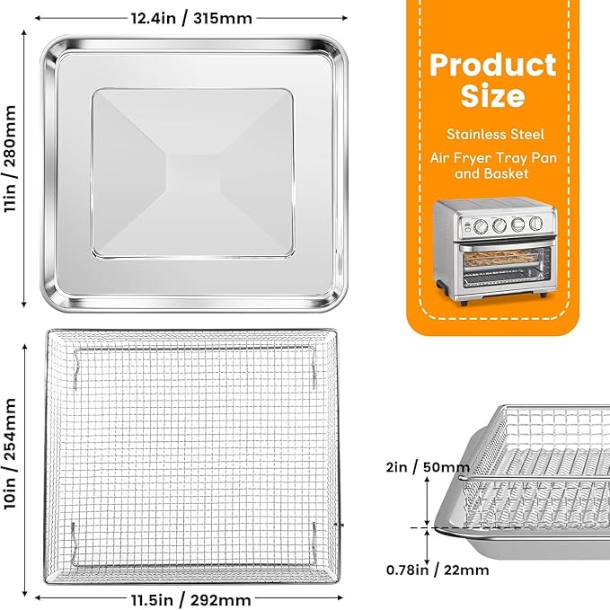 Air Fryer Basket Tray Replacement for Cuisinart TOA-60 TOA-65 TOA-70 Toaster Air Fryer Convection Oven, 12.2 * 11''Mesh Air Fryer Steel Basket Wire Rack Accessories Parts, Dishwasher Safe