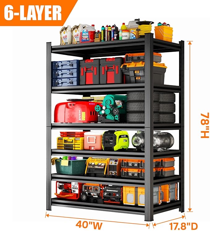 78"Hx40"W Metal Garage Shelving Unit,Metal Storage Shelves 6 Tier Adjustable Shelving Unit Garage Shelves for Kitchen Warehouse Pantry Basement,Rust-Resistant,78"H x 40"W x 17.8"D,Black