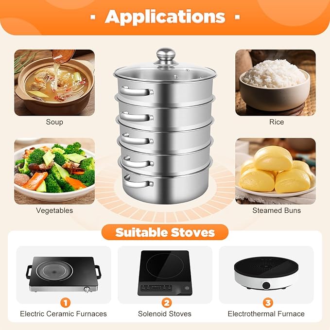 Stainless Steel Steamer Pot, 10.3-Inch Steamer for Cooking, 5-Tier Food Steam Pots with Lid for Cooking Vegetables, Seafood, Soups, Stews, Dumplings and Pasta