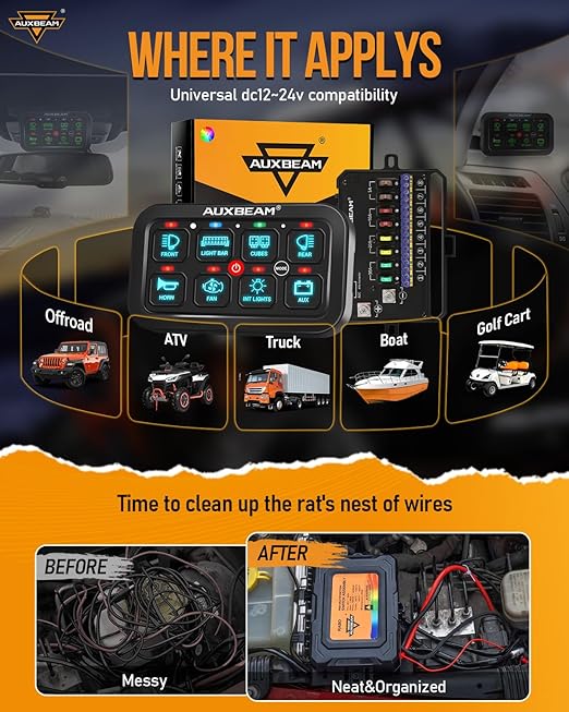 Auxbeam 8 Gang Switch Panel RA80 Auto-Dimmable RGB Switch Panel w/Momentary Toggle Pulsed, 12V-24V Automotive Aluminum Switch Panel for Truck Offroad Car Boat Waterproof, 2 Years Warranty
