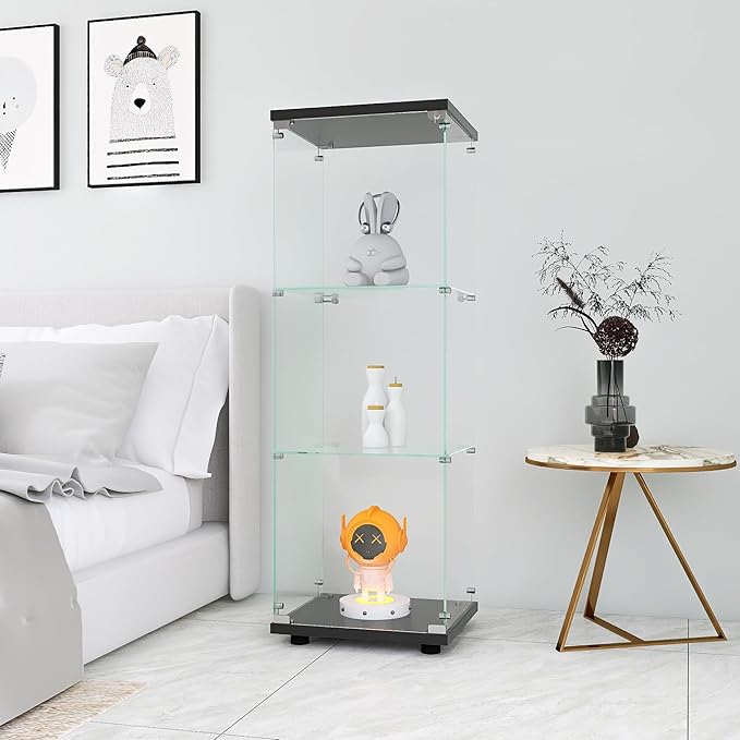 Yoluckea 3 Shelves Glass Display Cabinet with Door,Floor Standing Clear Glass Curio Cabinet Collection Display Case for Living Room Bedroom 49.41”x15.16”x13.58” Black (Quick Assembly)