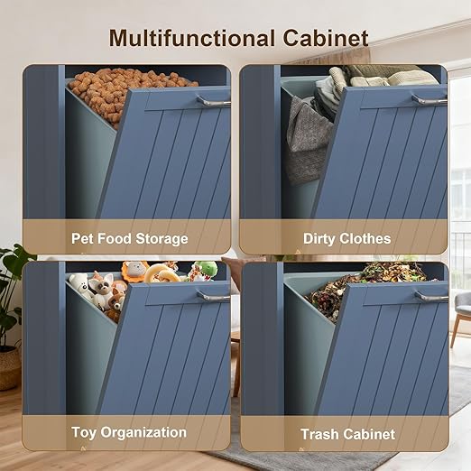 Tilt Out Trash Can Cabinet with Double Hidden Trash Bin Holder, Kitchen Free Standing Recycling Cabinet,Dog Proof Trash Can,Wood, Blue