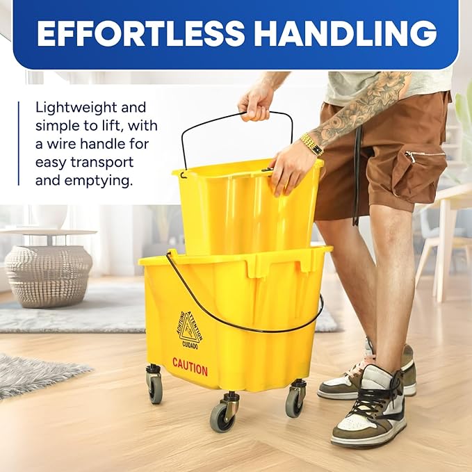 35-Quart Yellow Side-Press Mop Bucket and Wringer Combo on Wheels with Dirty Water Bucket for Commercial Use Perfect for Professional Industrial Business Household