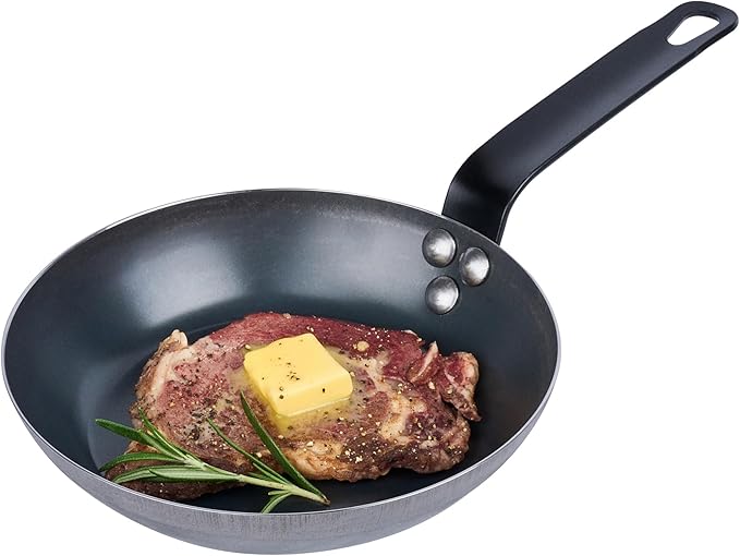 Restaurantware-Met Lux 8 Inch Fry Pan, 1 Lightweight Frying Pan - Induction-Ready, Triple-Riveted, Black Carbon Steel Cooking Skillet, Durable, For Searing, Sauteing, And Browning Food