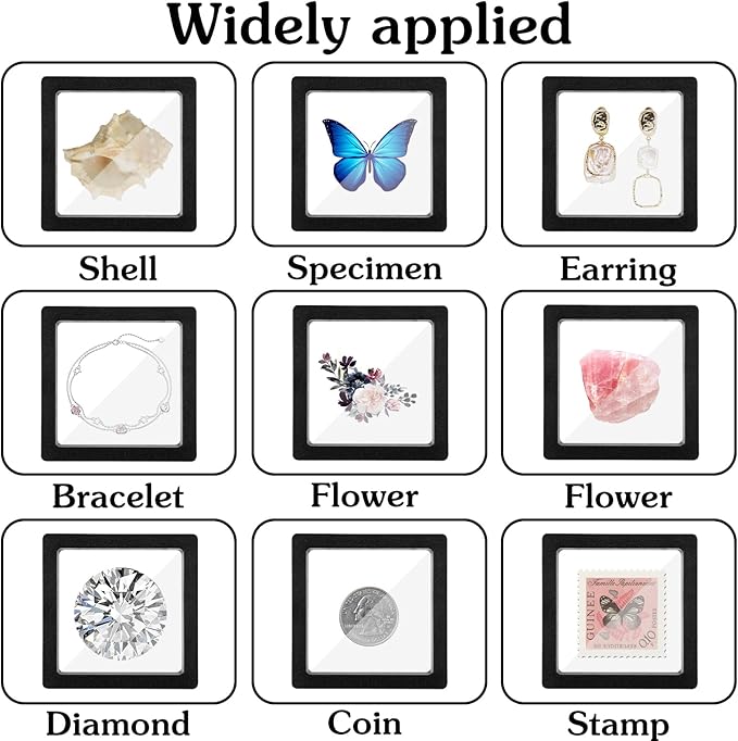 60 Pcs 3D Floating Display Case, 2.8 x 2.8 x 0.8 Inch Transparent Film 3D Floating Coin Display Frame Holder Stands for Challenge Coins, Jewelry, Shells, Gems, Rocks, Fossils, Specimen, Black