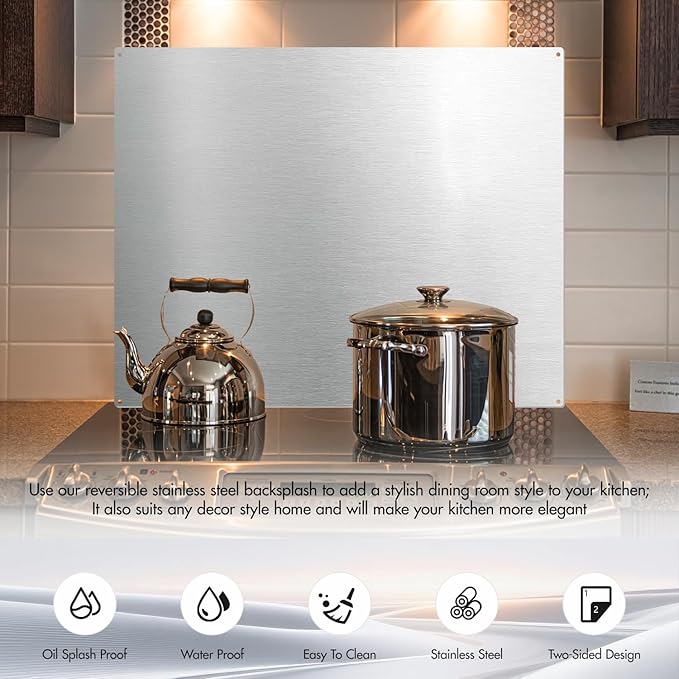 Micmi 24" x 30" Stainless Steel Backsplash for Stove, Reversible Flat Metal Guard Range Hood Wall Shield for Kitchen, Easy Clean and Installation with Four Pre Drilled Holes