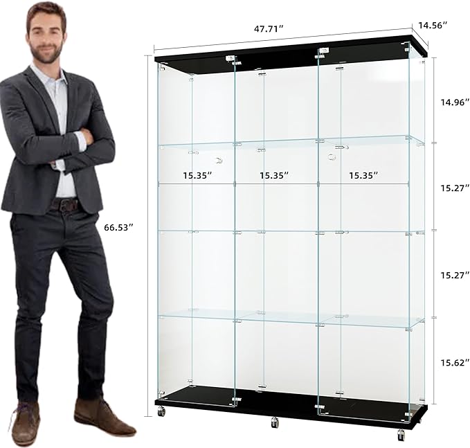 Frameless Glass Display Cabinet, Curio Cabinet Display Case with Locks and Hinged Doors, Quick-Install Floor Standing Large Showcase Display Shelf for Collectibles, Legos, Figures, Plants