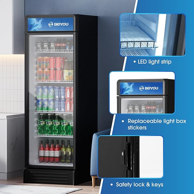 BEYOU Commercial Beverage Refrigerator, 9.7 cu. Ft Upright Dispaly Merchandiser with Single Glass Door, Drink Cooler for Living Room,Bar, Garage（Black）