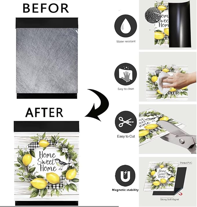 Home Sweet Home Lemon Wreath Dishwasher Magnet Cover,Pastoral Buffalo Check Magnetic Dishwasher Cover Vinyl Sticker,Wood Fridge Door Cover Magnets Art Skin Panel Decal,Home Decor Decal,23"X26"