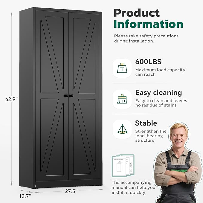 Greenvelly Metal Cabinet, 63" H Black Metal Storage Cabinet with Doors and 4 Shelves, Pantry Storage Cabinet for Kitchen, Bedroom, Living Room, Office (Farmhouse)