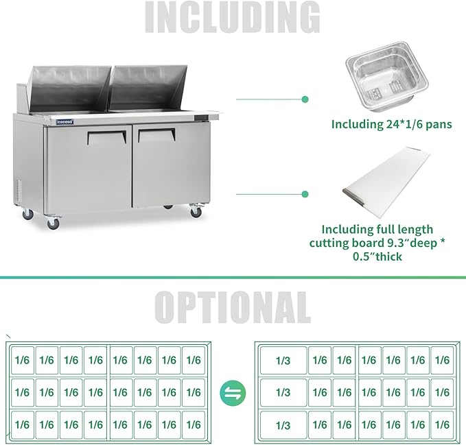 ICECASA 60" W Commercial Refrigerator Sandwich&Salad Prep Table Mega Top 2 Door Stainless Steel Counter Fan Cooling Refrigerator with 24 pans-60 Inches for Restaurant, Bar, Shop, etc