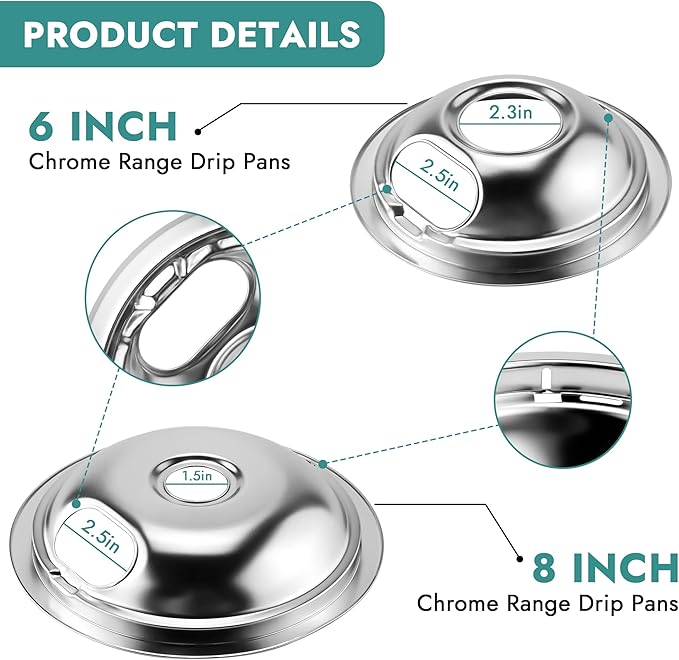 MP22YA Electric Range Burner Element & W10290350 W10290353 Silver Drip Pans for Electric Stove by Fetechmate, 6-Inch & 8-Inch& Chrome Drip Pan with Burner Element Fit for Ama-na Whirl-pool Stove Top