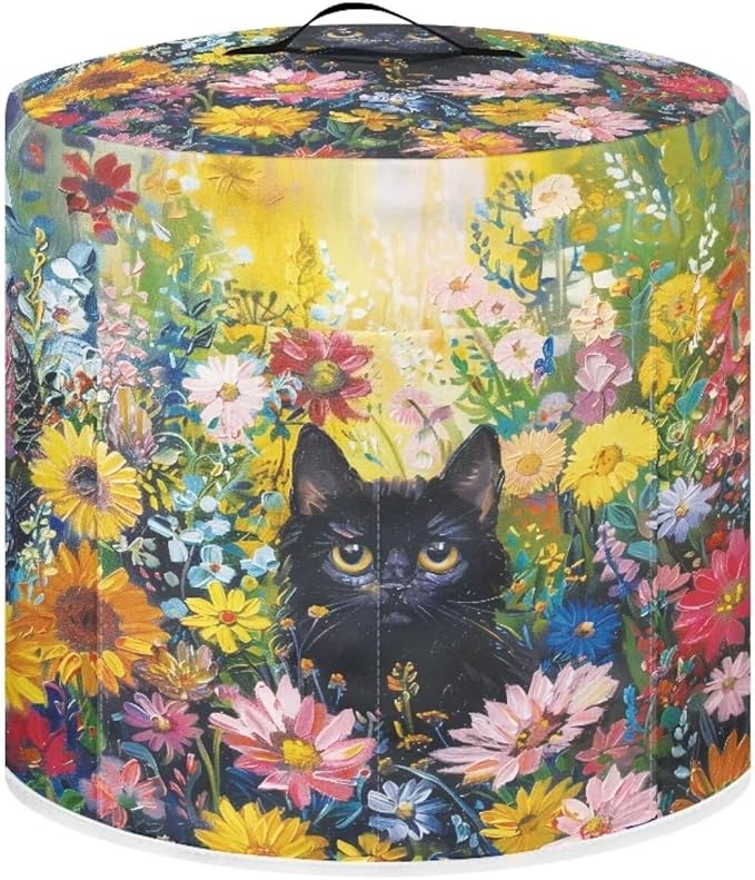 Xoenoiee Black Cat Vibrant Floral Print Kitchen Appliance Dust Cover with Pockets, Electric Pressure Cooker Cover for 3qt Compatible with Crock Pot, Rice Cooker Cover