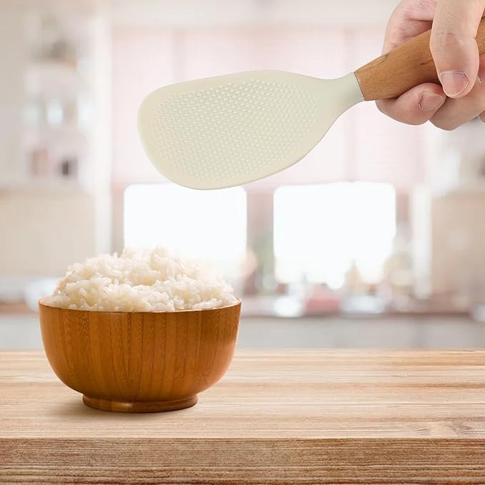 2 Pack Silicone Rice Paddle Spoon with Wood Handle, Nonstick Standing Rice Cooker Spatula Kitchen Tool, White