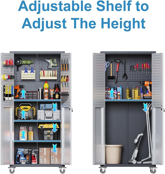 Tall Metal Storage Cabinet with Wheels Heavy Duty Large Metal Garage Cabinets with Adjustale Shelves Lockable Rolling Tool Cart for Warehouse Basement Kitchen, Assembly Required