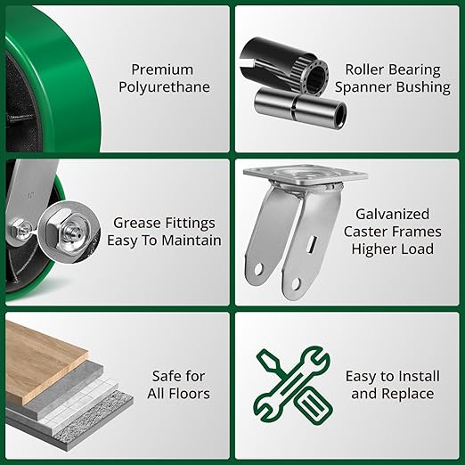 6 Inch Caster, Heavy Duty Caster with Strong Load-Bearing, Polyurethane Caster on Steel Hub, Supports 1200 lbs Each(2 Pack Brake)