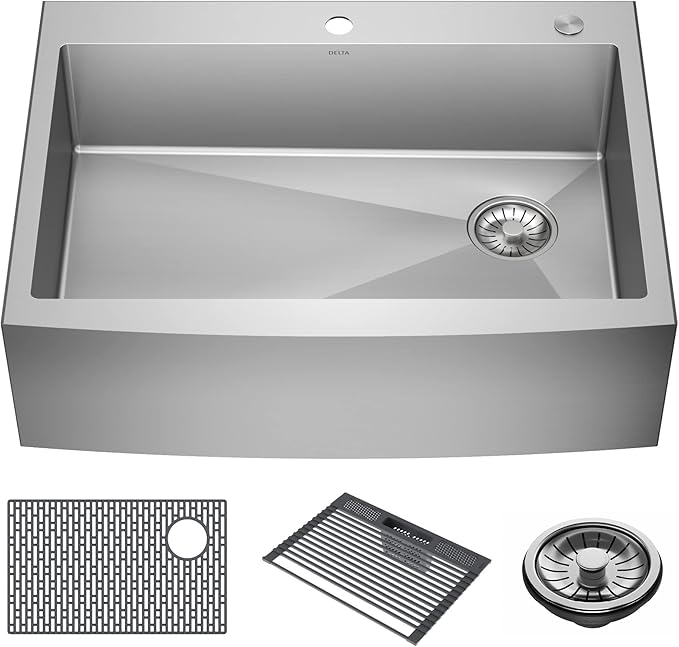 DELTA FAUCET Delta Lenta 33-inch Retrofit Farmhouse Apron Front 16 Gauge Stainless Steel Single Bowl Kitchen Sink for Undermount/Drop-In Installation with Accessories, 95J132-T33S-SS