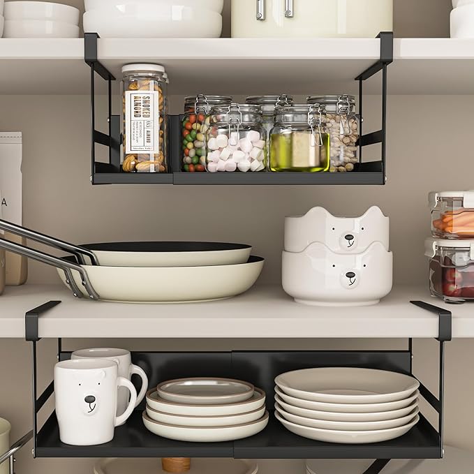 Expandable Under Cabinet Shelf Organizer with 0.94-Inch Thick Clips, Heavy Duty Extendable Under Shelf Storage Basket for Pantry or Laundry Room, Black, 2 Pack, Interior: 4.13" H x 8.54" D