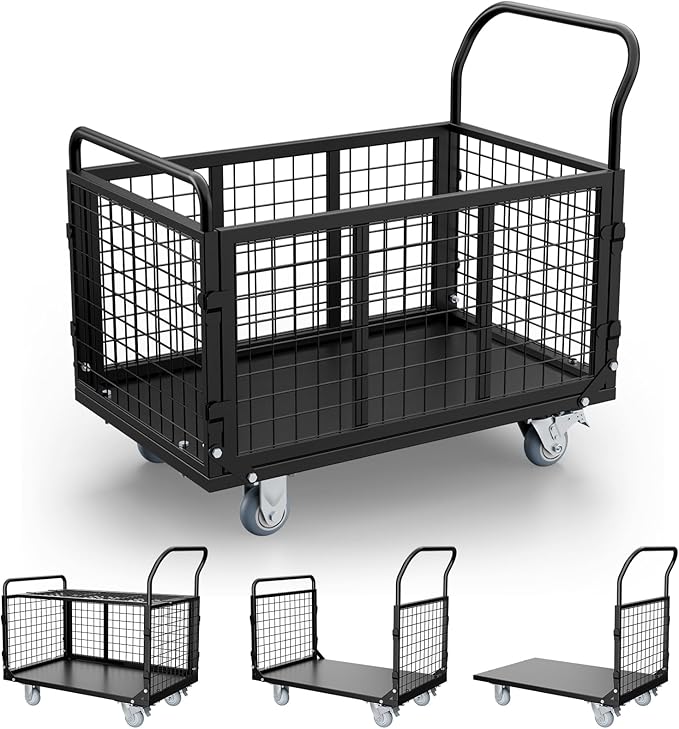 Platform Truck Cart with Cage, 5 in 1 Foldable Heavy Duty Platform Cart, 2500 LBS Capacity Heavy Duty PushCart with 4 Casters for Grocery, Laundry, Warehouse, Pantry, Garden