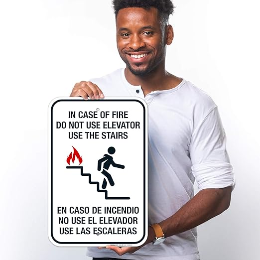 in Case of Fire Do Not Use Elevator Use The Stairs Bilingual Sign, Fire Safety Sign, 12x18 Inches, Rust Free .063 Aluminum, Fade Resistant, Made in USA