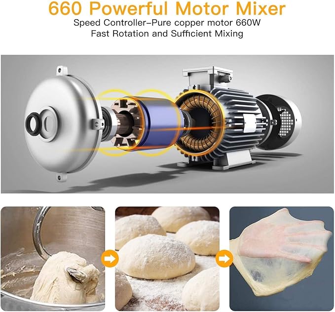 7.5QT Stand Mixer, 660W Powerful Electric Dough Mixer, 10-Speed Tilt-Head Kitchen Mixer with Stainless Steel Bowl, Whisk, Dough Hook, Beater, Splash Guard, Easy Clean, for Baking & Cooking