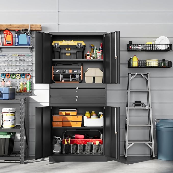 Letaya Metal Garage Storage Cabinet,71" Heavy Duty Steel Tool Cabinet with 4 Door Lock-Adjustable Shelves and 2 Drawer for Garage Home Office Utility Room (Black)