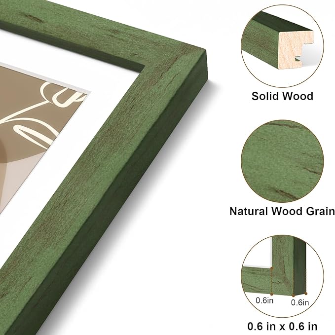 Vittanly 8x10 Picture Frame, Solid Wood Frame with Plexiglass, Includes 5x7 Mat, Wall Hanging or Tabletop for Home Decor, Rustic Green, 1 Pack