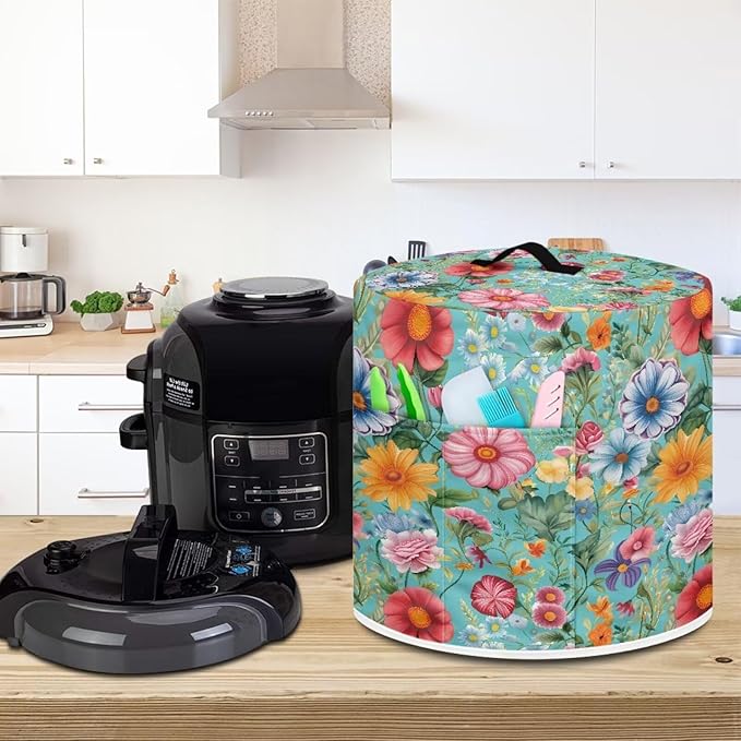 TODIYADDU Green Colorful Floral Pressure Cooker Cover with Handle Fashion Kitchen Appliance Dust Covers for Portable Air Fryer Dust Cover Round Protective Cover Bag Trendy Home Decors