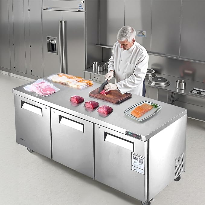 VEVOR 72" W Commercial Freezer, 17.7 Cu.Ft Worktop Freezers Undercounter with LED Auto Lighting and Lockable Door, 3 Doors Food Freezing Prep Worktable, Stainless Steel Prep Frozen Table with Casters