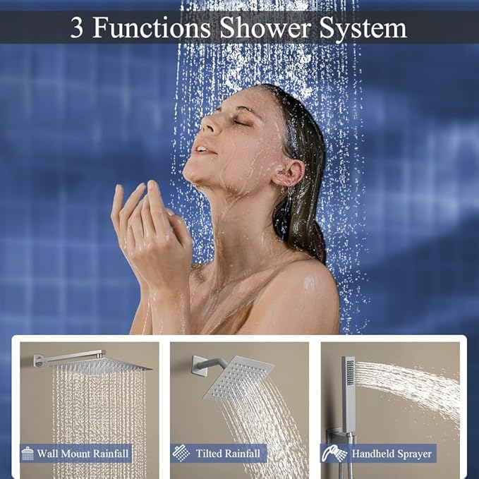 Shower Faucet Set Brushed Nickel Shower System, Knob Switch Diverter Shower Faucet with High Pressure Handheld Spray, Wall Mount 10 Inch Shower Head with 6 Inch Wall Mount Shower Head