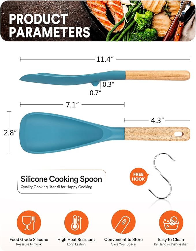 Cooking Spoon for Nonstick Cookwares, Great for Cooking and Serving Sturdy BPA-Free Matte Silicone, Wood Handle Spoon for Mixing, Scoop, and Scrape (TURQ, 11.4 inch)