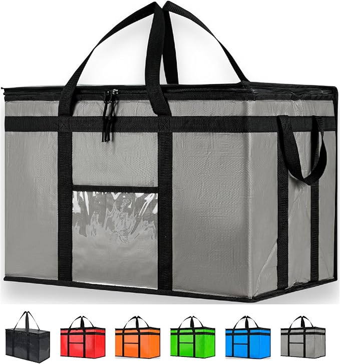 NZ home Insulated Bags for Food Delivery (3XL PRO) Grocery Shopping Cooler Bag, Pizza Delivery, Hot & Cold Catering Tote, Reusable, Foldable & Heavy Duty (10 Pack, Grey)