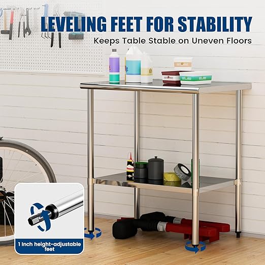 Stainless Steel Work Table 24 x 36 Inch with Adjustable Undershelf, Heavy-Duty Metal Prep Table for Commercial Kitchen & Restaurant, Garage, Outdoor