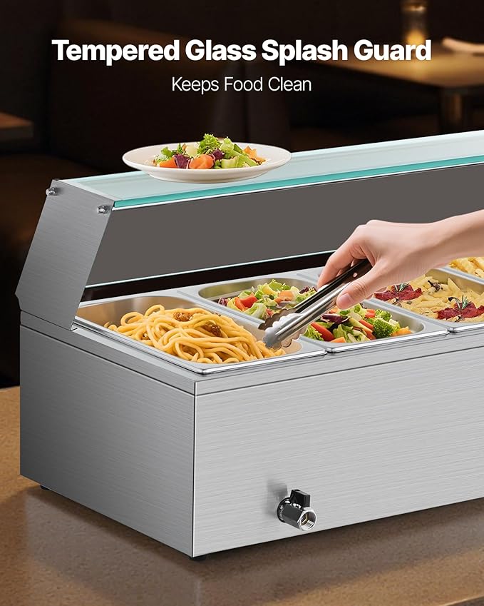 VEVOR Commercial Food Warmer, 1500W Electric Stainless Steel Steam Food Warmer with Glass Cover, 6 x 1/3 Size Pans Buffet Bain Marie with Soup & Perforated Ladles, for Catering, Restaurant & Party