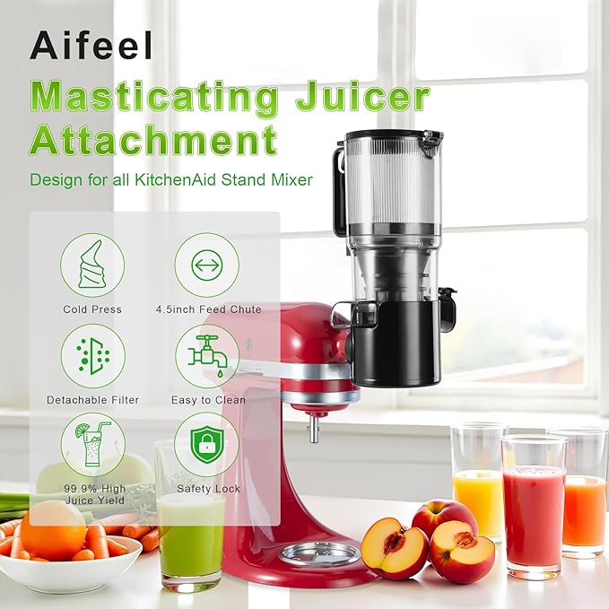 Masticating Juicer Attachment for KitchenAid Stand Mixer,Slow Cold Press Juicer for Kitchenaid Accessory with 4.5" Large Feed Chute,2 * 28oz Cups for Whole Fruits & Vegetables by Aifeel