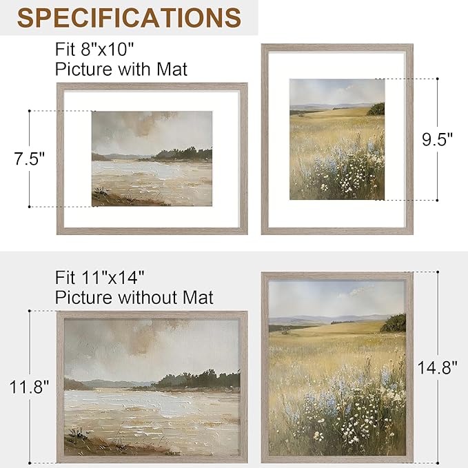 Vittanly 11x14 Picture Frame Set of 2, Solid Wood Frame for Wall Art Photo and Prints, Display Photo 8x10 with Mat or 11x14 without Mat, Light Brown